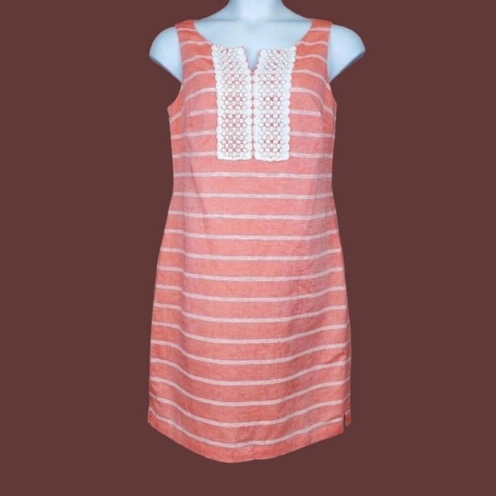 Talbots Womens Sleeveless Orange White Stripe Linen Shift Dress Size 10 NWT